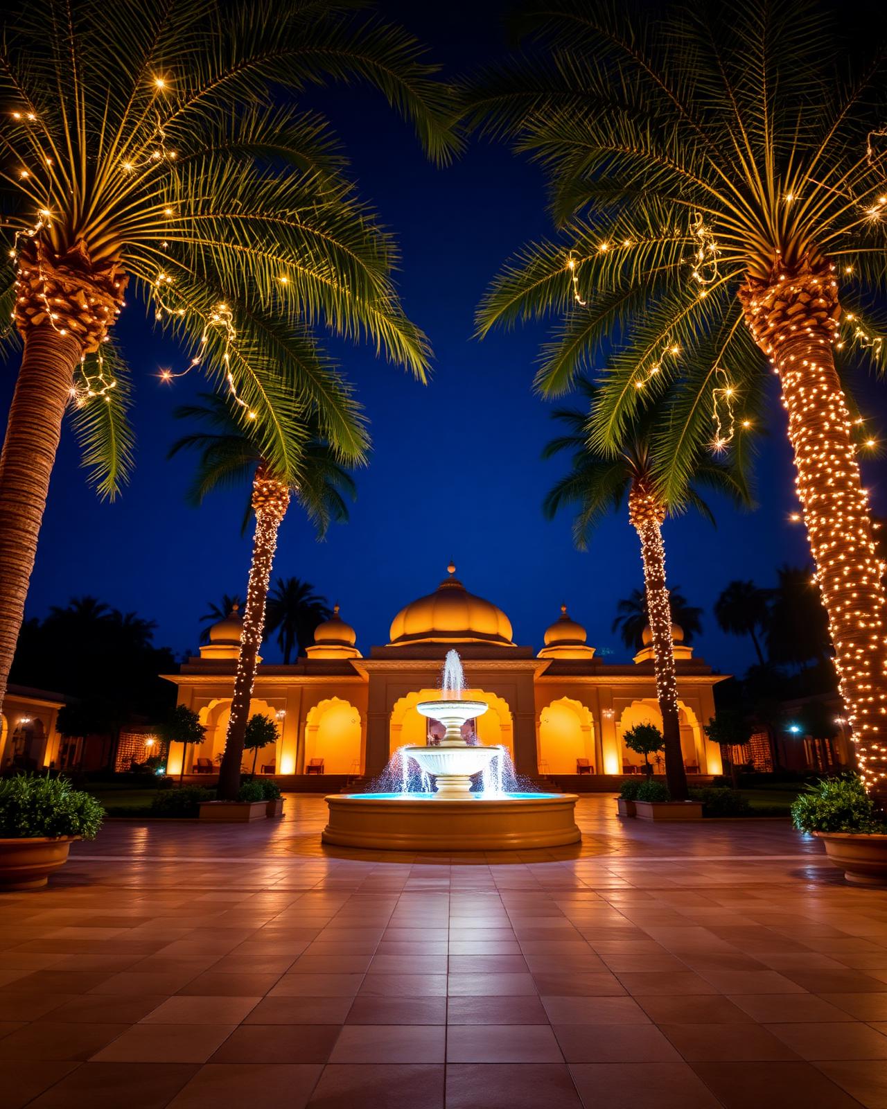 Night view reel of The Royal Courtyard illuminated for a celebration