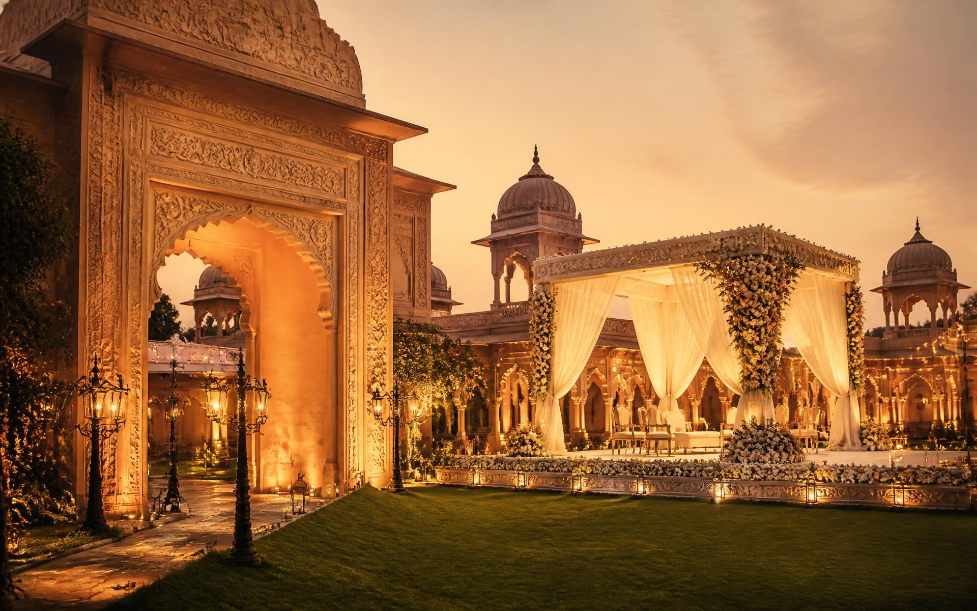 The Royal Courtyard Chandrapur illuminated at dusk with a carved sandstone archway and a draped floral mandap on the lawn